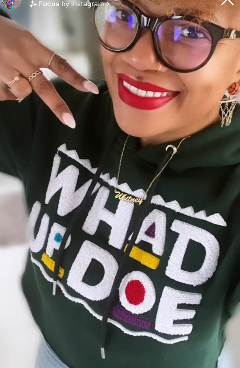 "Whad Up Doe” Green Chenille Hoodie (made-to-order)