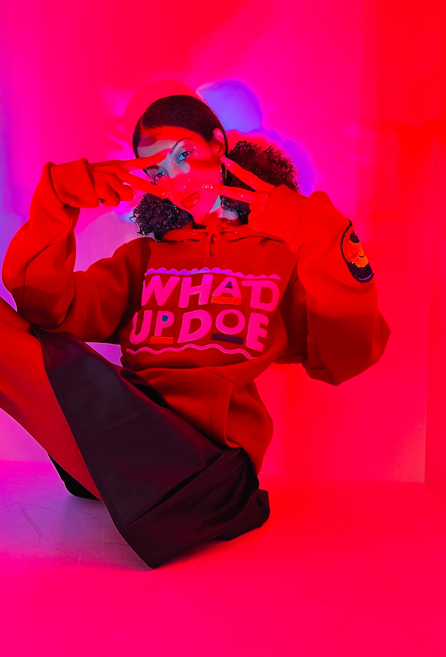 “Whad Up Doe” Red Chenille Hoodie