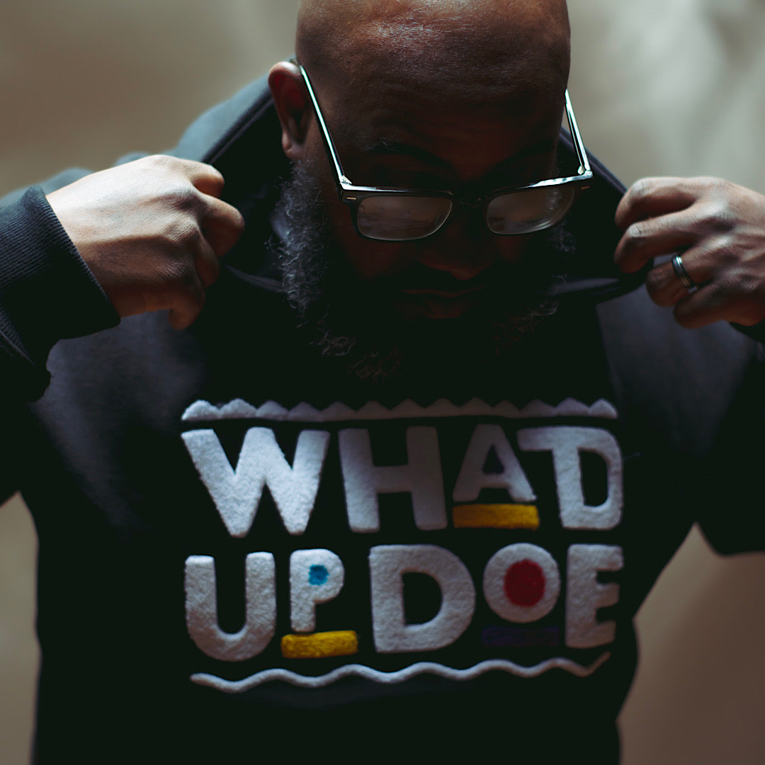 “Whad Up Doe" Black Chenille Hoodie