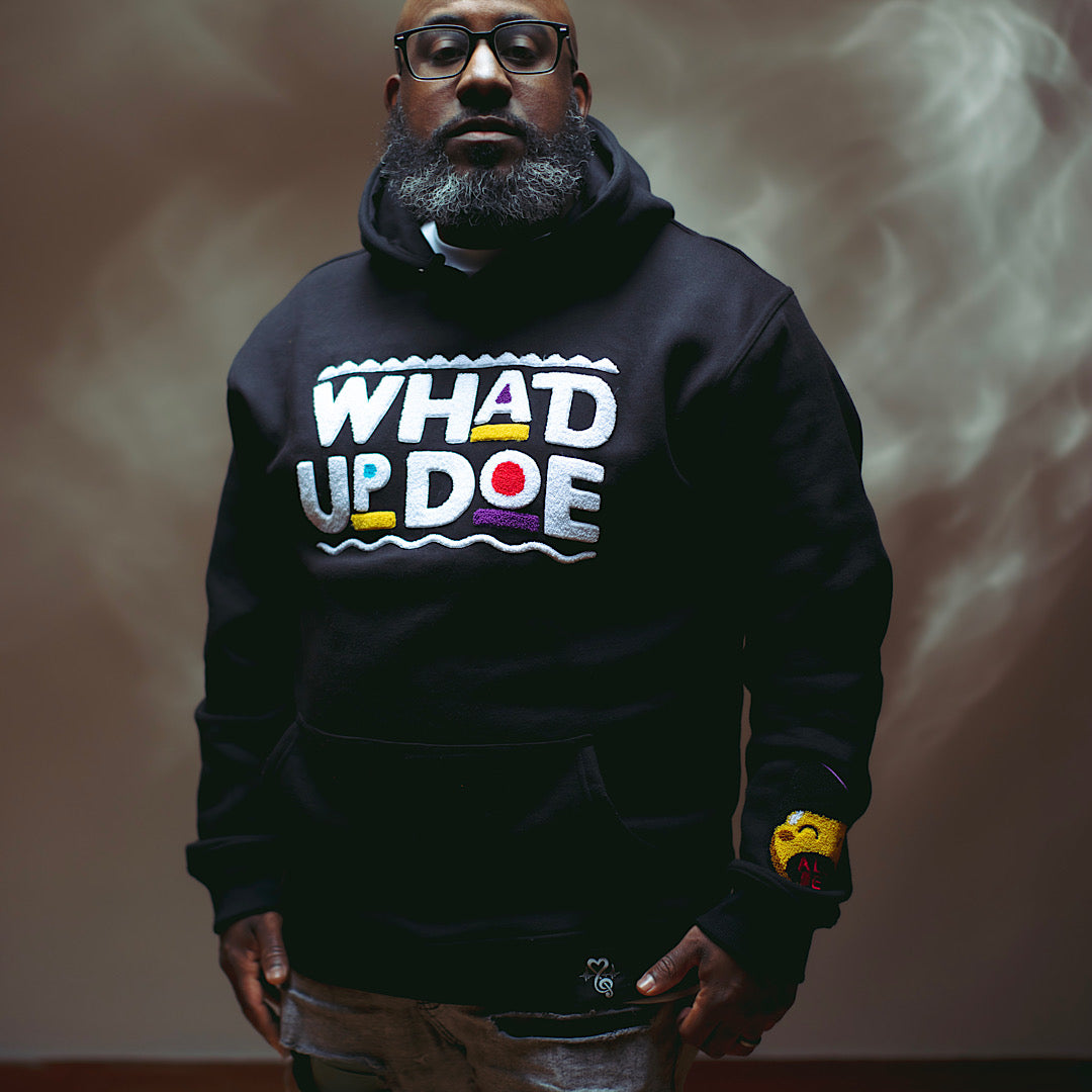 “Whad Up Doe" Black Chenille Hoodie